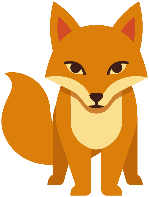 Don, the kitsune mascot of Donmai: flat-geometry amber fox, full body.